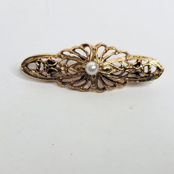 Vintage Brooch Gold Tone Faux Pearl Victorian Revival Bar Brooch Jewelry - VTG - Picture 2 of 4